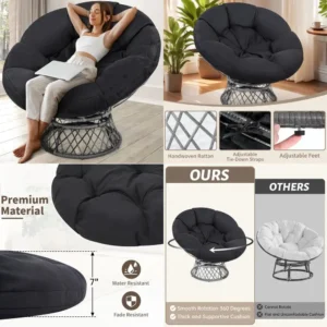 Adult-Sized Rattan Papasan Chair with Cushion, 360° Swivel, Waterproof, Grey and Black Frame